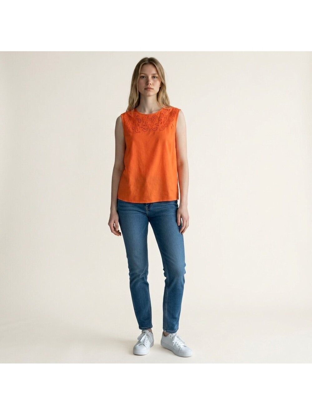 Loft Blouse Women L Large Orange Embroidered Sleeveless Wide Strap Hook & Eye